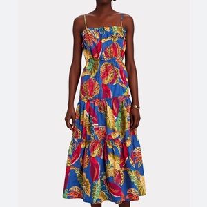 FARM RIO Blue Beaks & Bananas Tiered MIDI Dress M